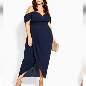City Chic Entwine Off the Shoulder Criss Cross Maxi Dress Navy Blue Size 14